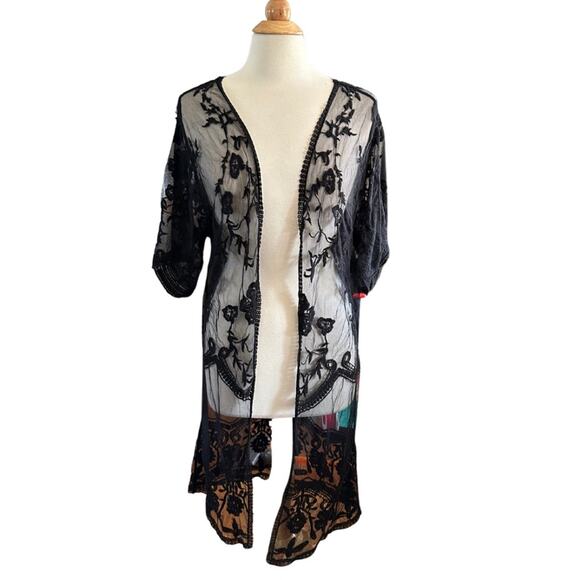 David and Young Black Lace Cardigan Duster Kimono Cover Up EE12 - Picture 1 of 5